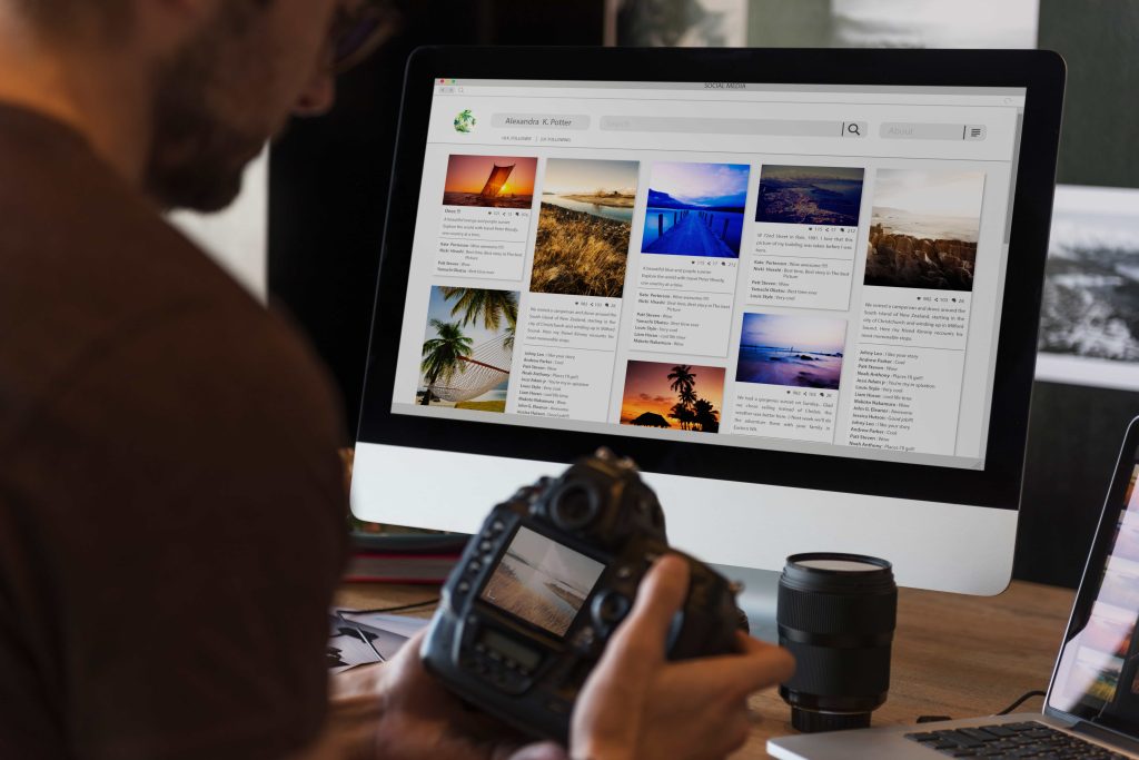 A camera and a screen full of images part way through a content shoot